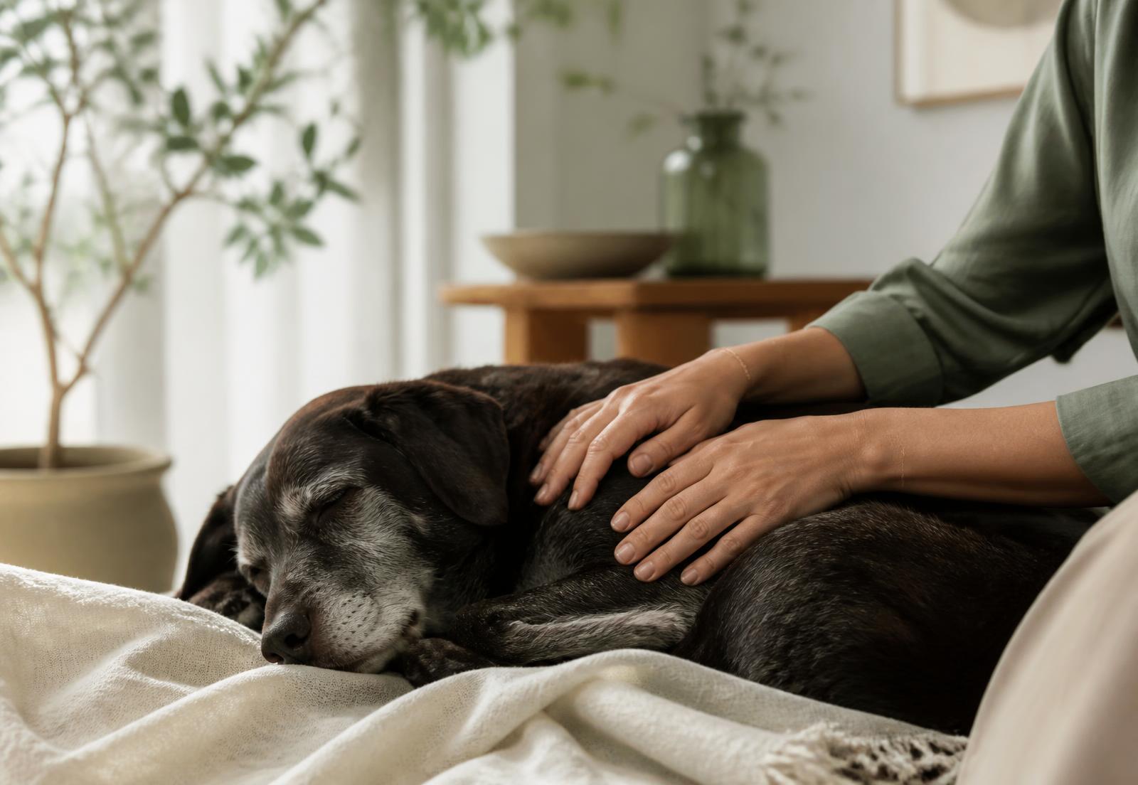 A quiet, warmly lit room with a folded blanket and a candle, prepared for a pet's memorial